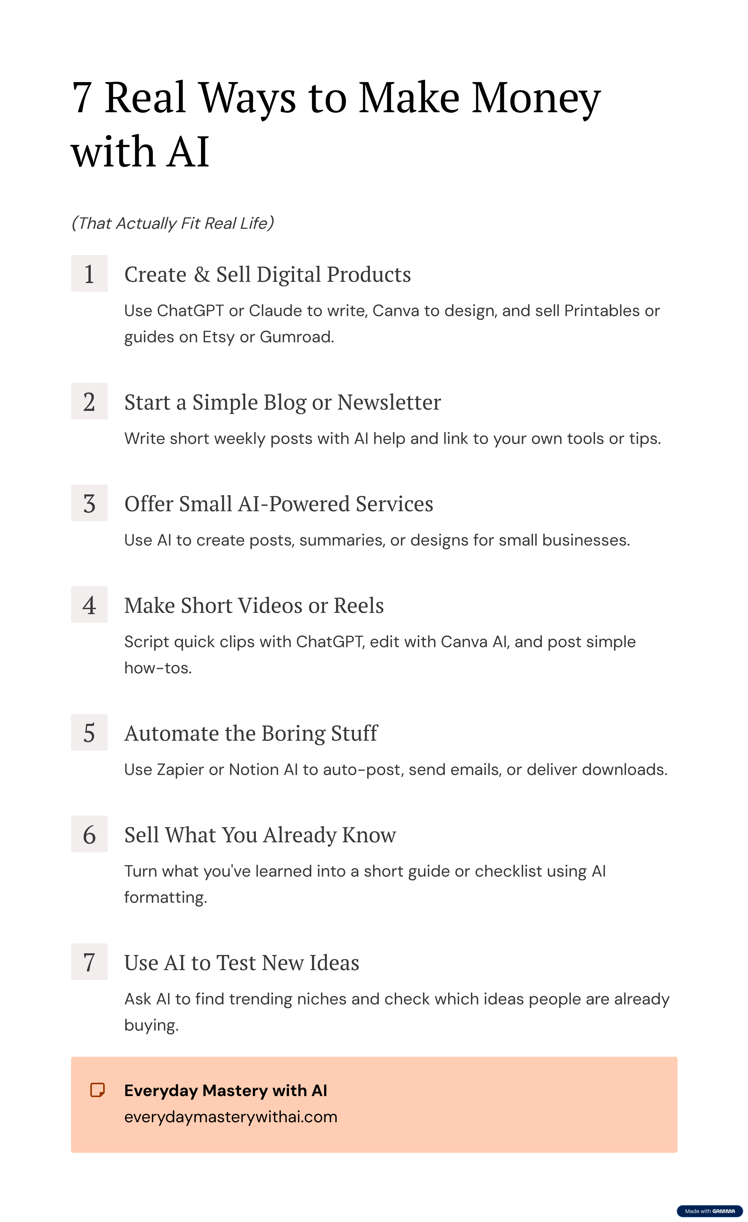 Simple list graphic showing seven realistic ways to make money with AI, including digital products, blogging, services, videos, automation, guides, and idea testing.