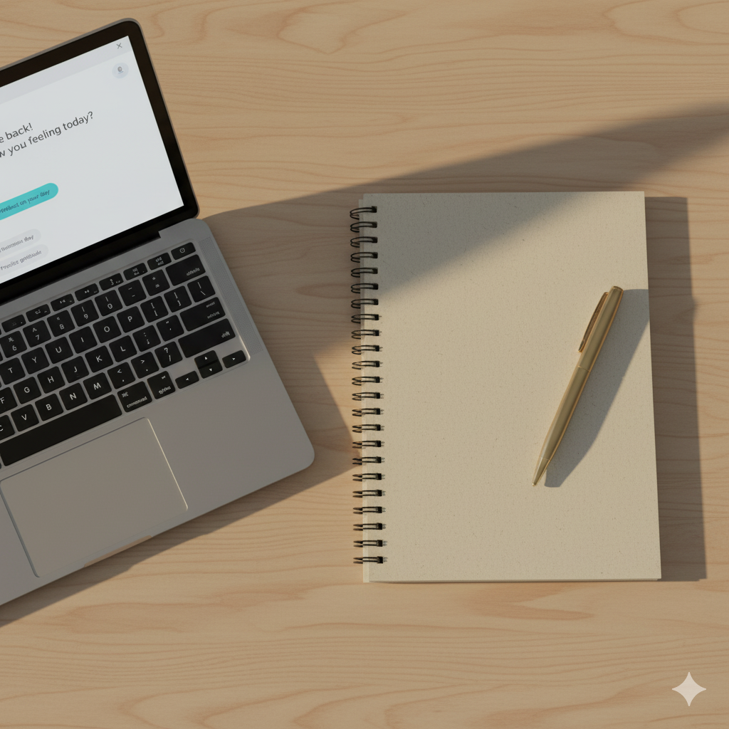 Flat lay of an open notebook, pen, and laptop showing a chatbot window suggesting journaling prompts. Warm gold light, calm tone.