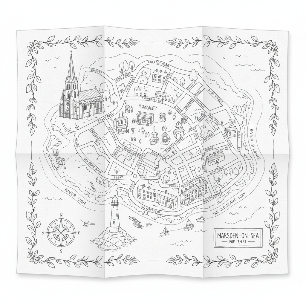 AI colouring page inspired by You Are Here – Marsden-on-Sea map, vintage sketch style