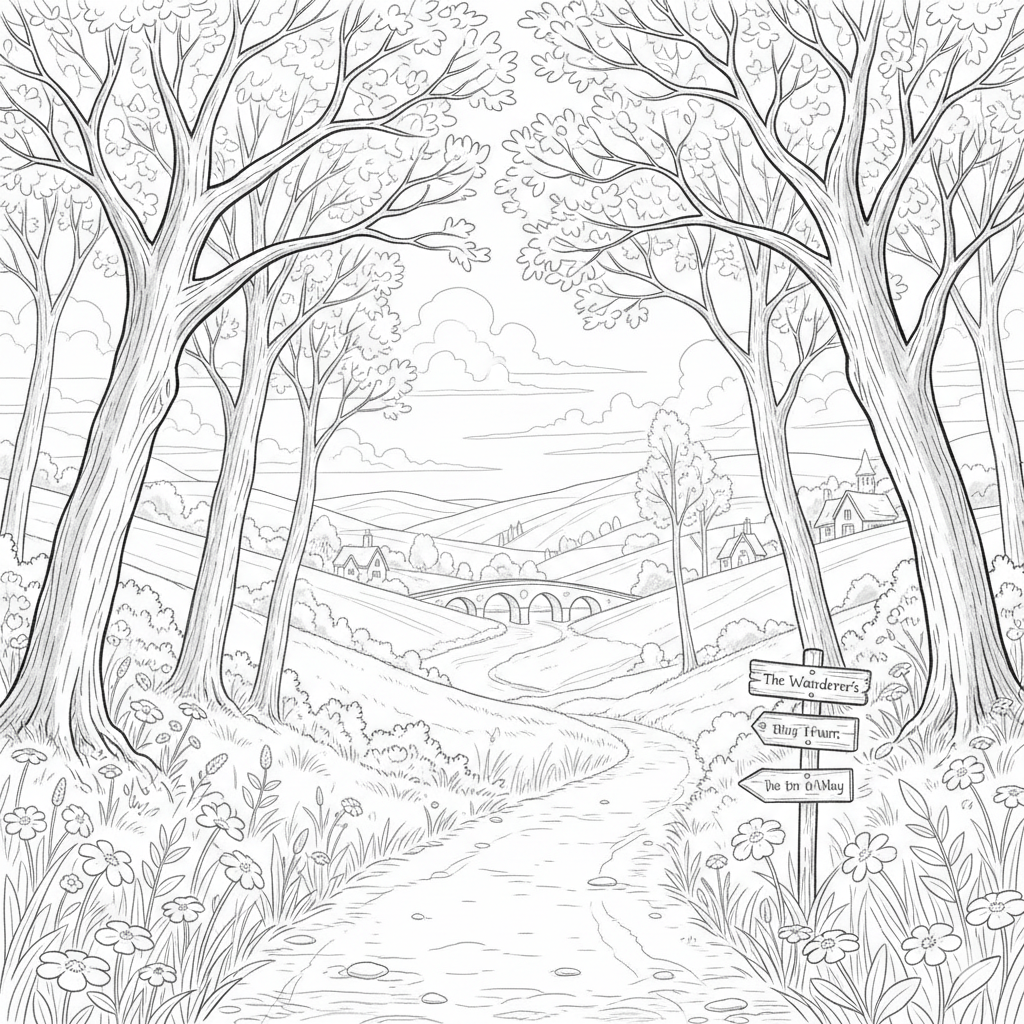 AI colouring page inspired by You Are Here – walking trail on the wanderers way, vintage sketch style