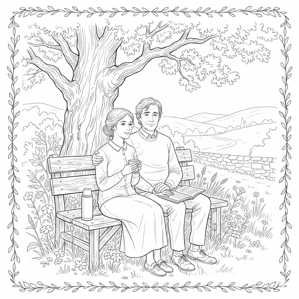 AI colouring page inspired by You Are Here – Quiet moment beneath the oak tree vintage sketch style