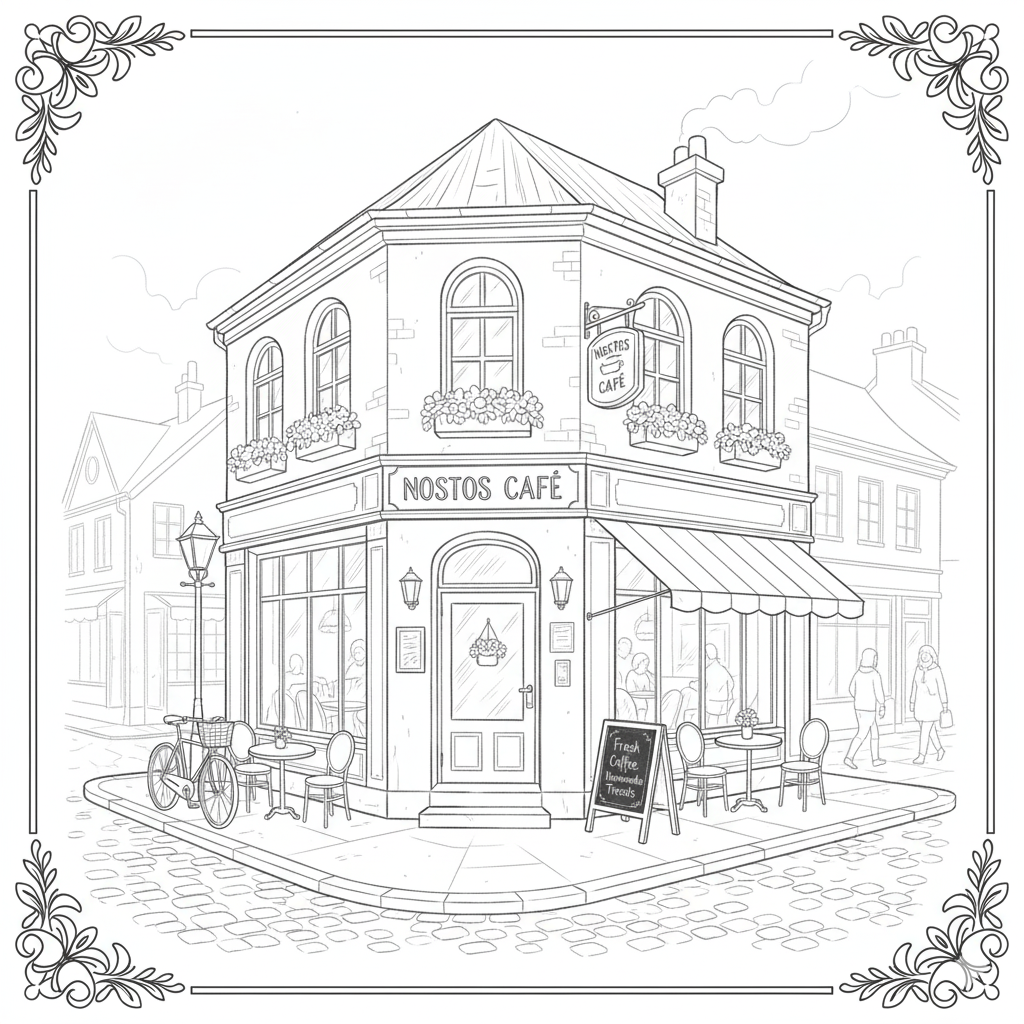 AI colouring page inspired by You Are Here – Nostos Cafe , vintage sketch style