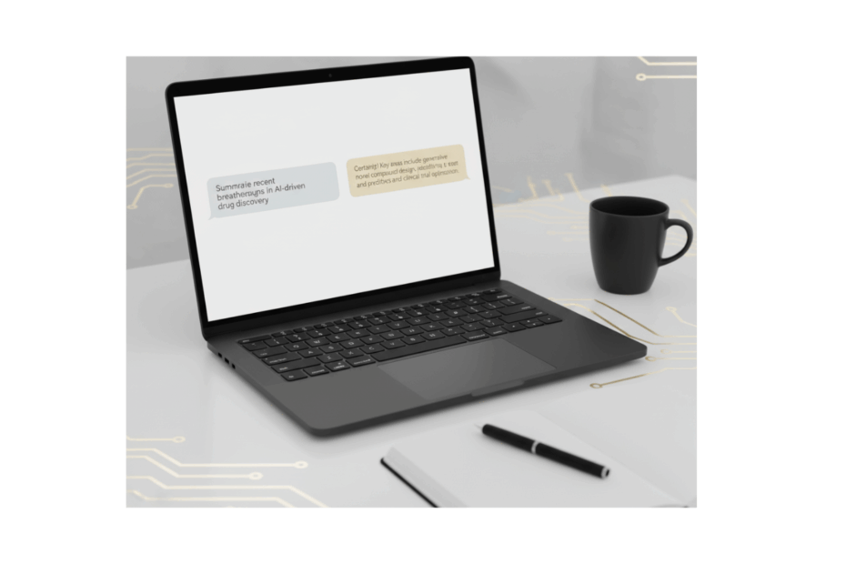 Minimal premium workspace with a laptop left open showing an AI chat screen, notebook, and coffee cup, symbolising everyday mastery with AI for smarter living.