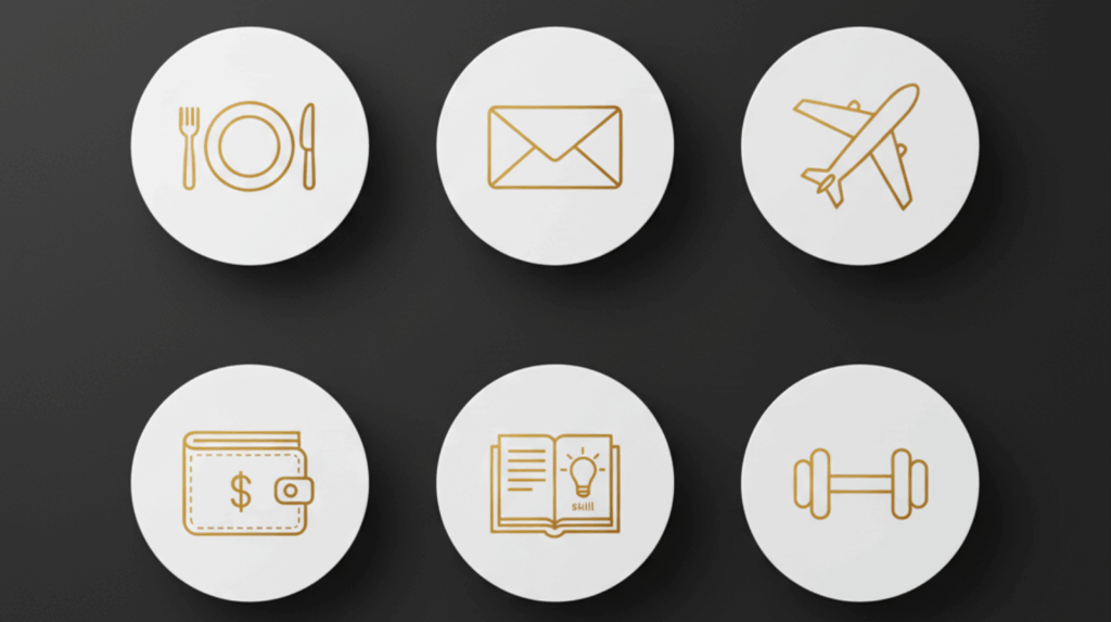 Minimal black, white, and gold icon grid showing everyday AI tasks: meal planning, emails, travel, budgeting, learning, and habits.