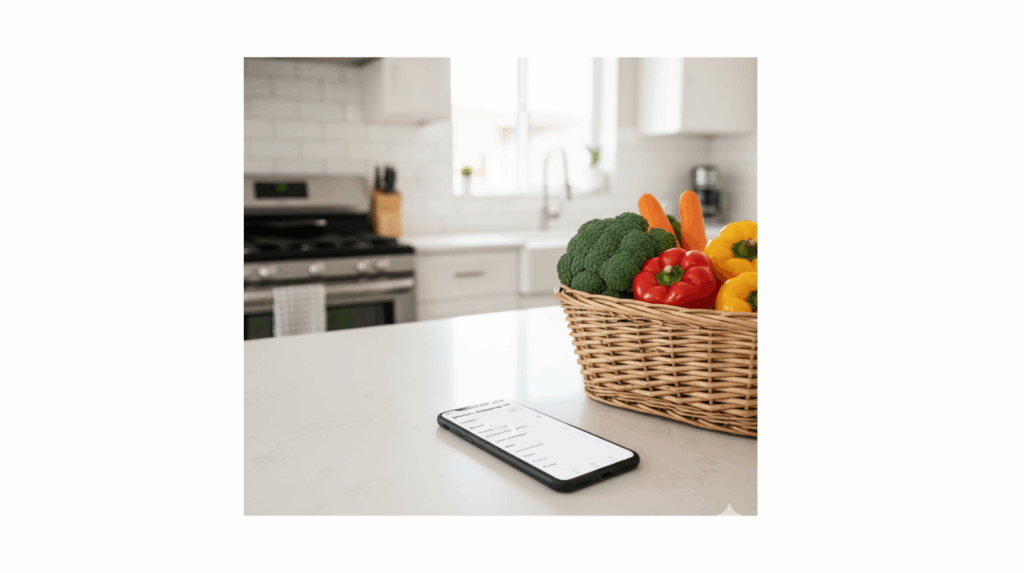 Smart grocery list on a smartphone screen next to fresh vegetables