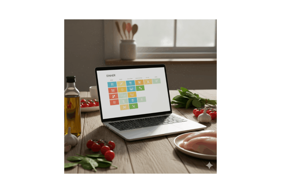 Laptop open on a kitchen table showing an AI-generated meal plan with groceries around
