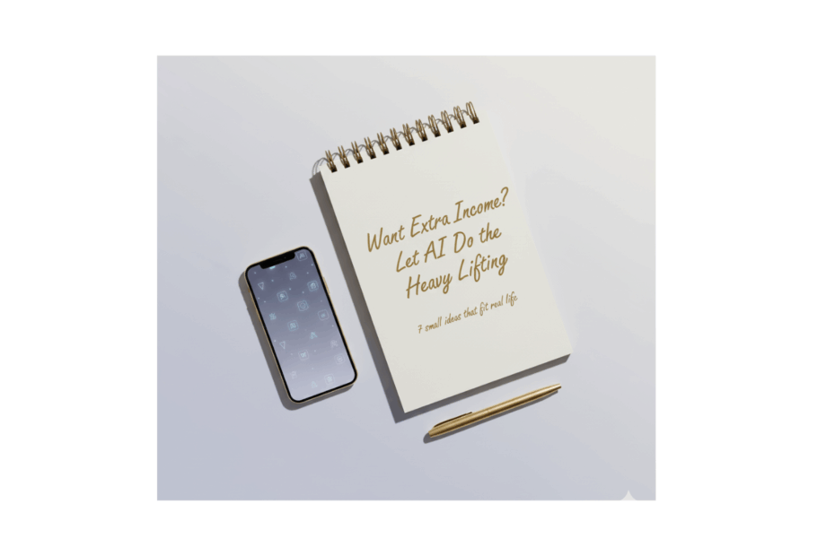 Flat lay of a notebook titled ‘Want Extra Income? Let AI Do the Heavy Lifting’ beside a smartphone and gold pen on a soft lavender background, symbolising practical AI side hustle ideas for everyday life.
