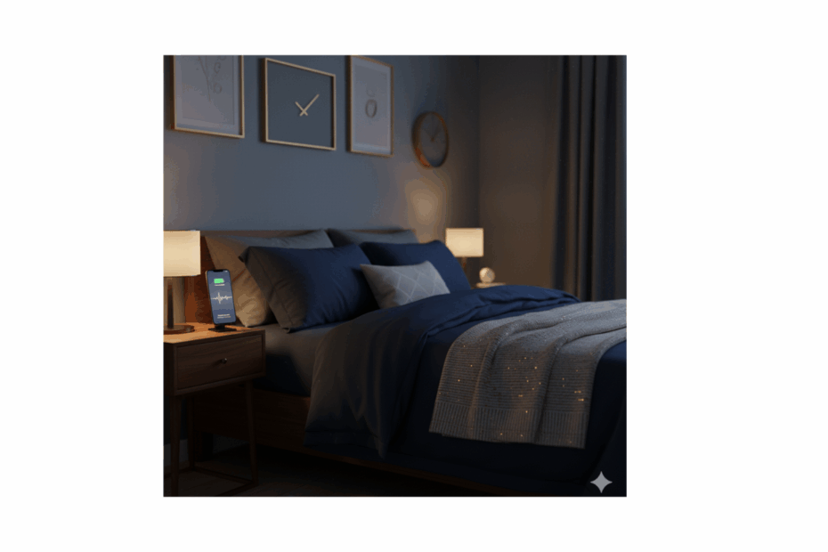 Smartphone on bedside table showing a calm interface — representing the best AI sleep apps 2025 that help you relax and fall asleep faster.