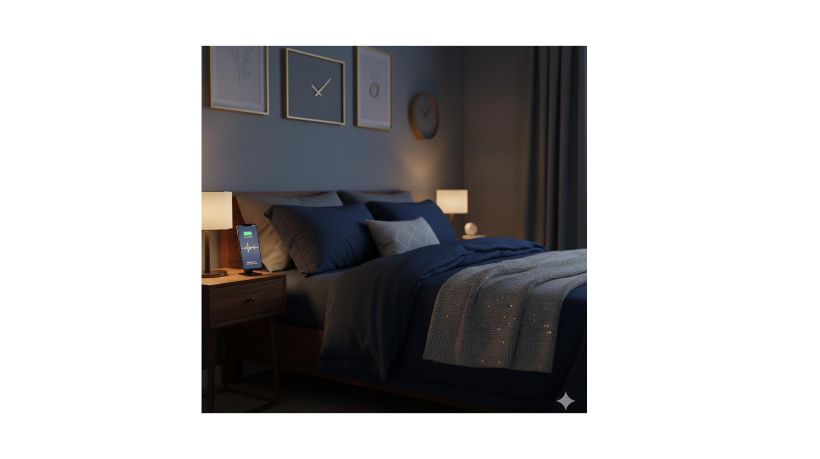 Smartphone on bedside table showing a calm interface — representing the best AI sleep apps 2025 that help you relax and fall asleep faster.