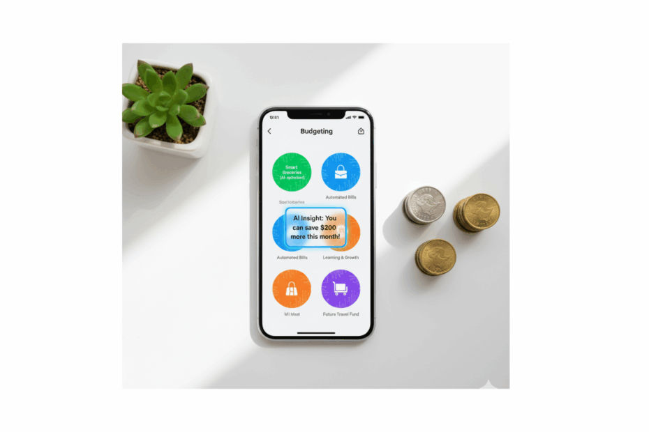A smartphone showing an AI budgeting app with colourful spending categories and an alert reading “AI Insight: You can save £200 more this month,” placed beside stacks of coins and a small green plant on a white desk.