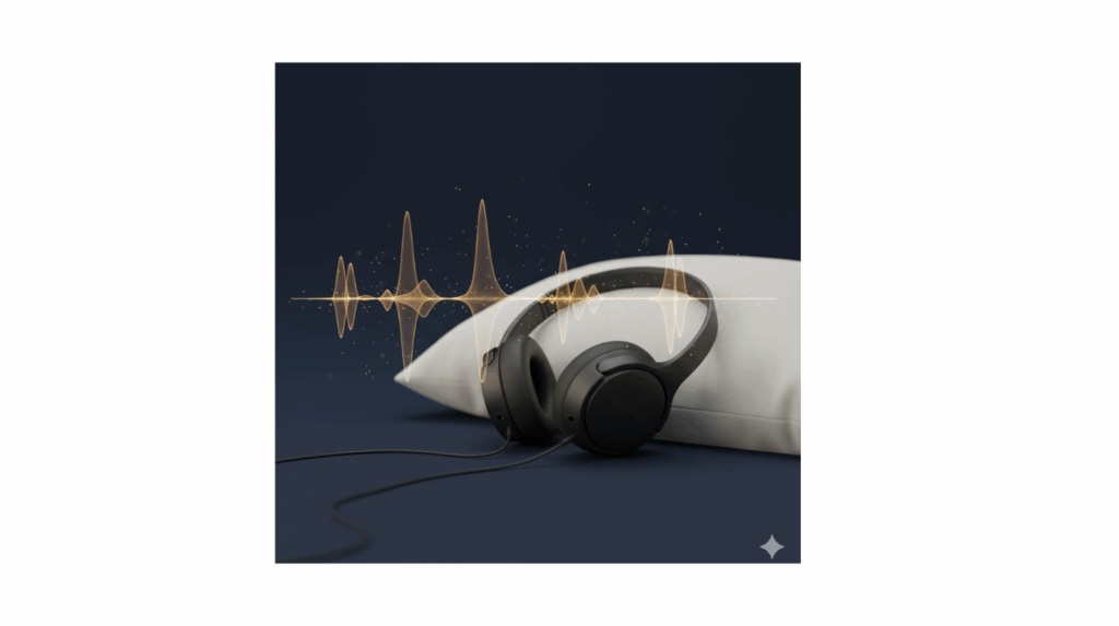 Headphones playing calming AI soundscapes for sleep.