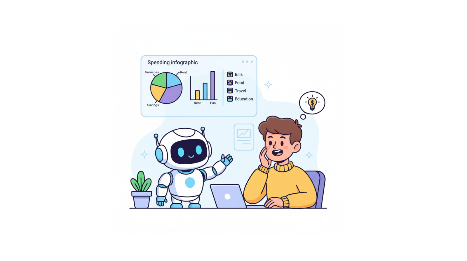 A cheerful illustration showing a friendly AI robot explaining a spending infographic to a person at a desk with a laptop, representing how AI budgeting tools 2025 tools can make budgeting simple and easy to understand.