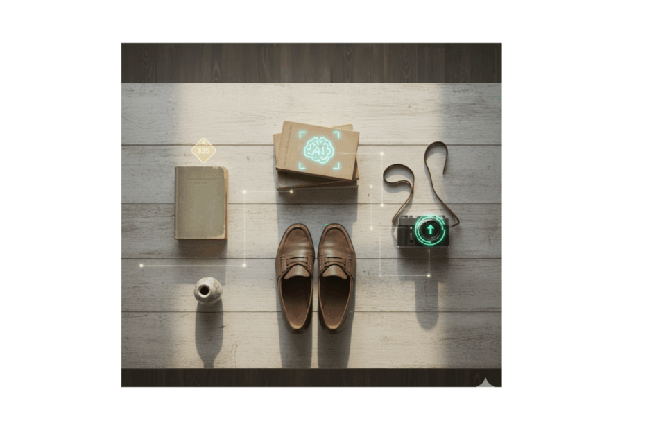 Flat-lay of second-hand items including shoes, books, and a vintage camera, symbolising AI-assisted reselling.