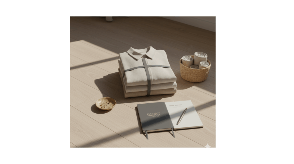 Minimalist scene with folded clothes and an Everyday Mastery with AI notebook on a wooden floor. AI selling second-hand