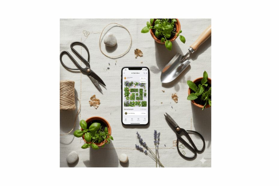 Flat lay of gardening tools and smartphone showing an AI garden planner preview, symbolising simple AI ideas to help your garden thrive