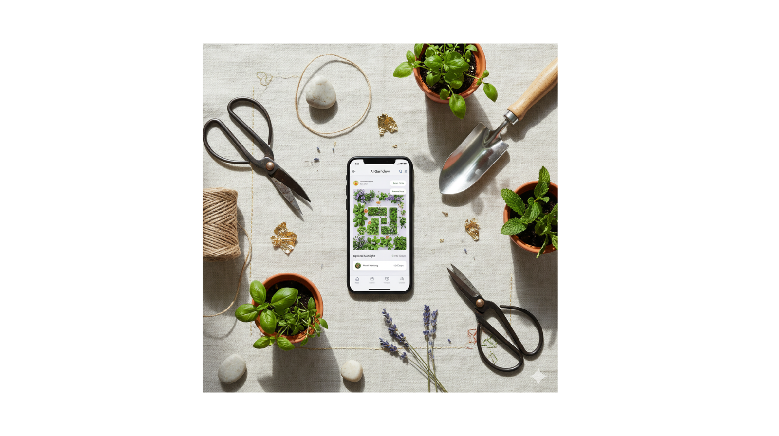 Flat lay of gardening tools and smartphone showing an AI garden planner preview, symbolising simple AI ideas to help your garden thrive