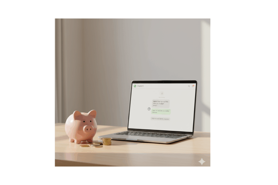Pink piggy bank beside a laptop with ChatGPT open — simple, calm image symbolising how to budget with ChatGPT in everyday life.