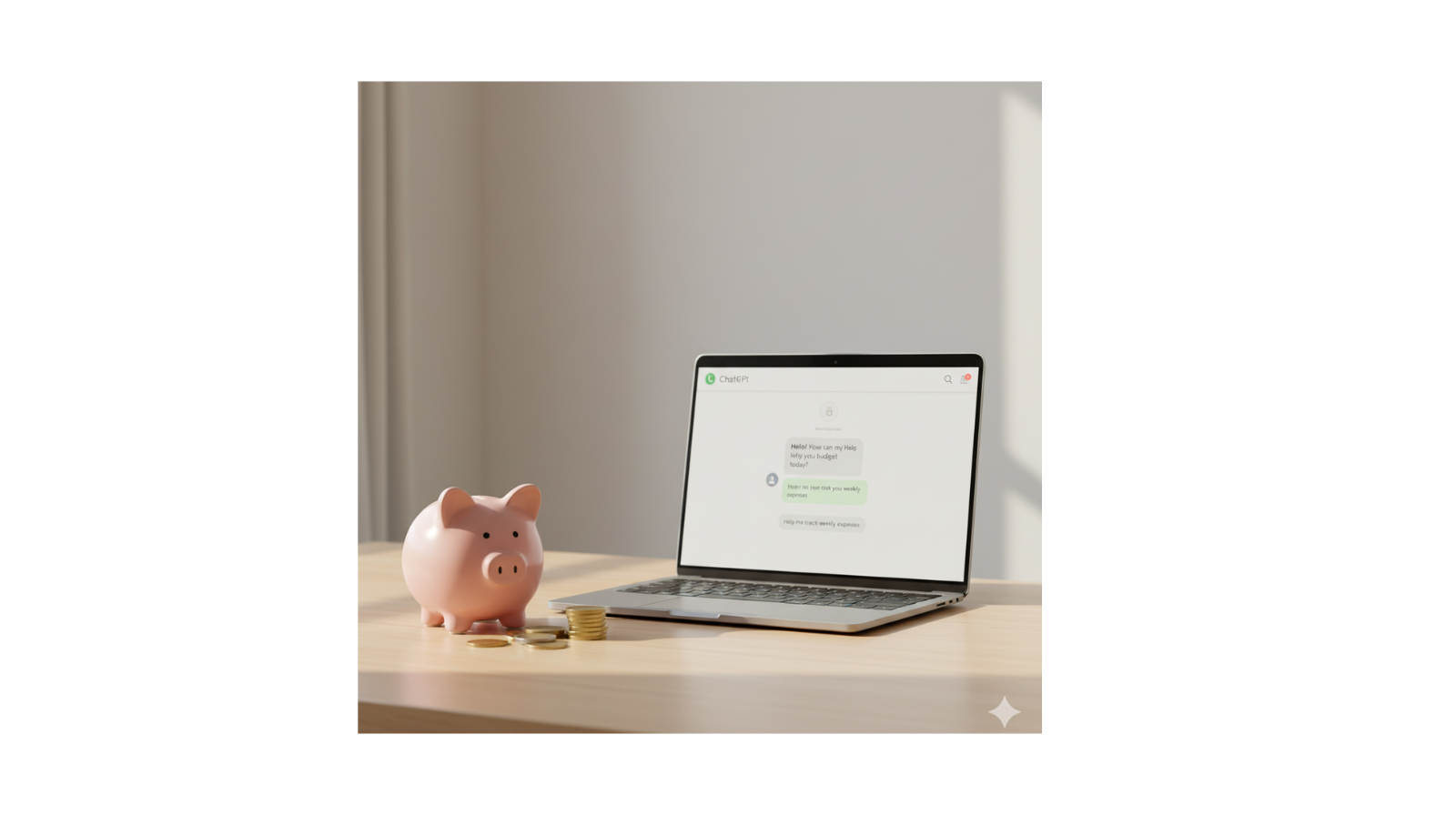 Pink piggy bank beside a laptop with ChatGPT open — simple, calm image symbolising how to budget with ChatGPT in everyday life.
