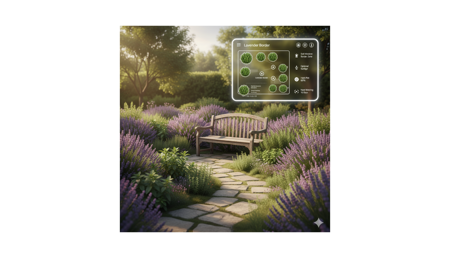 AI garden planner concept image of a small garden with lavender borders and a wooden bench, created using Google Gemini.