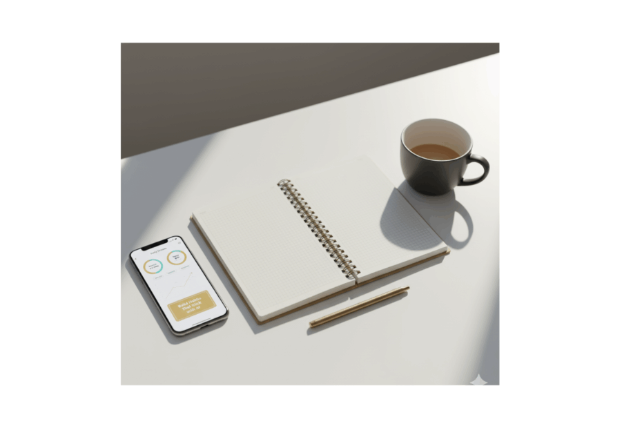 Minimal workspace with planner, phone, and coffee mug showing AI habit tracking progress.