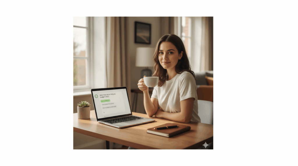 Calm person smiling while holding coffee beside laptop with ChatGPT open — relaxed, confident moment symbolising how to budget with Chatgpt