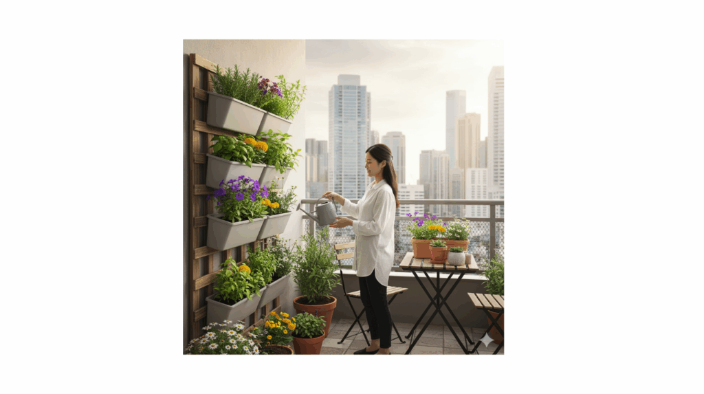 Balcony garden with vertical planters designed for accessibility  representing inclusive AI gardening ideas.