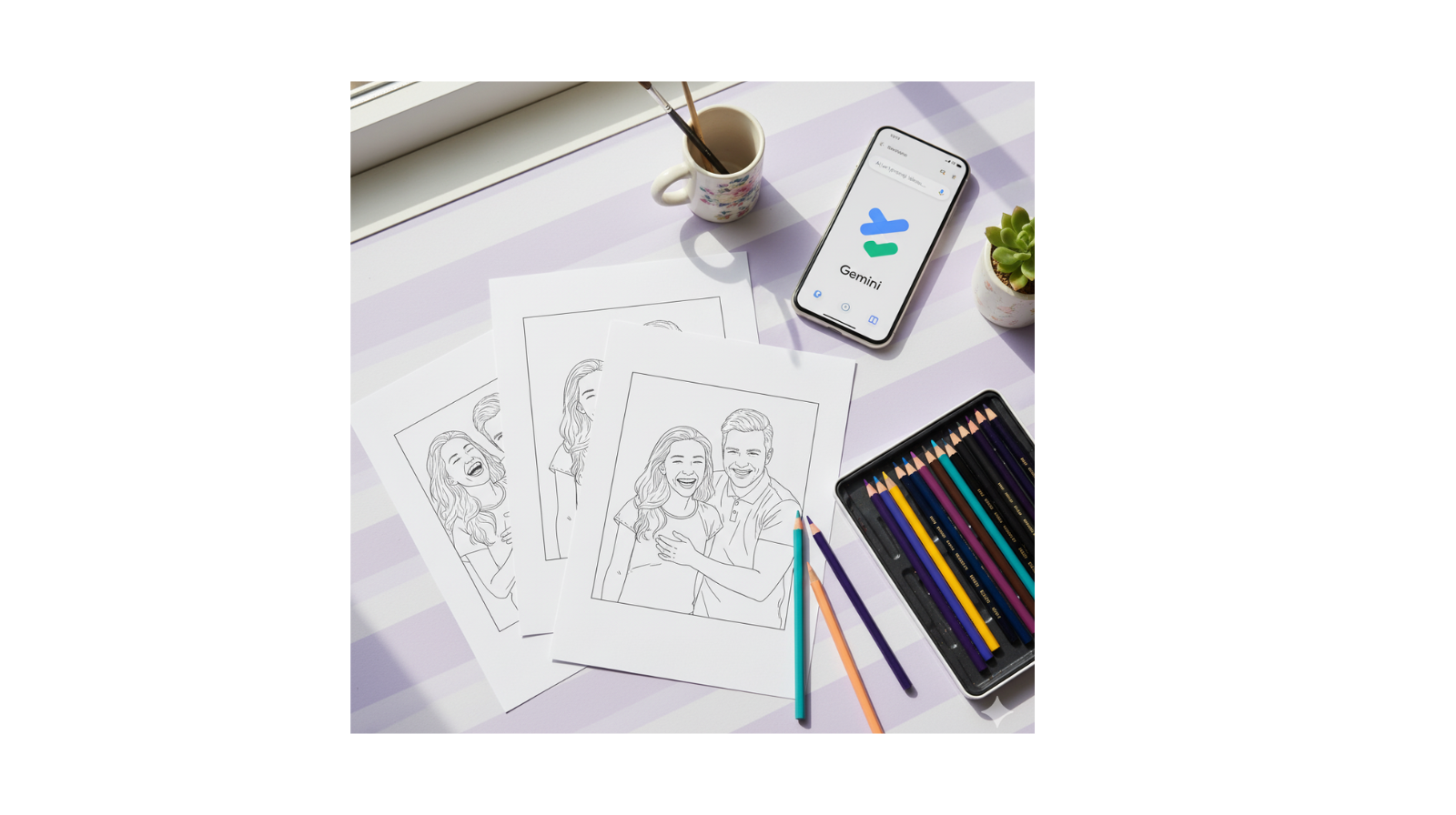 Printed AI colouring pages of smiling people on a lavender desk with coloured pencils, a smartphone showing Google Gemini, and a small plant nearby