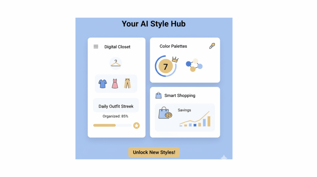 Dashboard showing AI shopping tools for fashion, including a digital closet, color palette selector, and smart shopping savings chart.