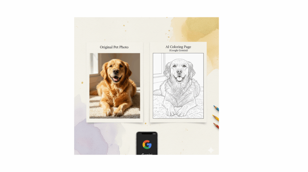 Side-by-side comparison of a golden retriever photo and its AI colouring page version created using Google Gemini, showing the transformation from memory to line art