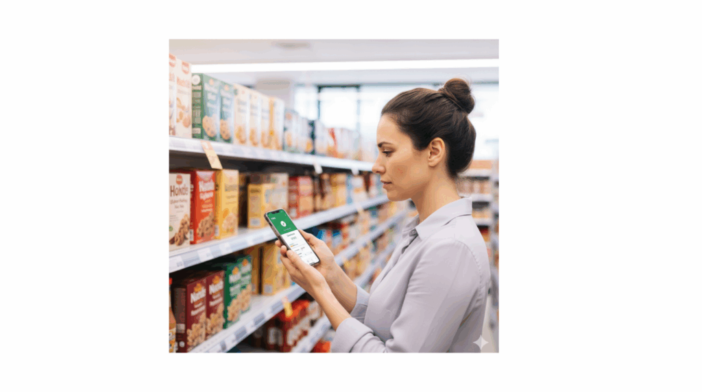Shopper using the Yuka app on a smartphone to scan packaged food in a supermarket aisle, checking product health scores under bright natural lighting
