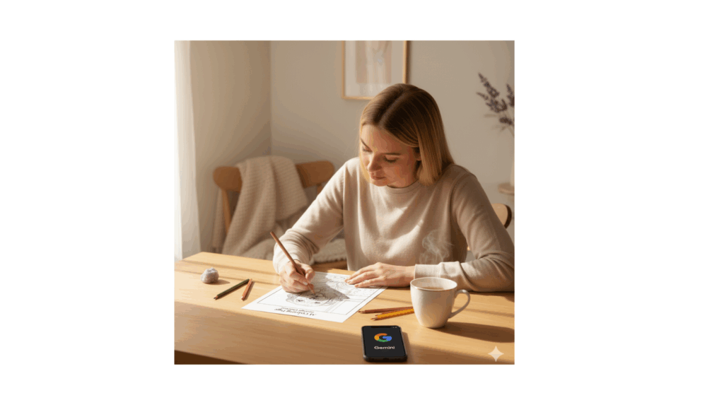 A cozy, minimalist scene showing someone colouring an AI-created line-art page, symbolising calm creativity and everyday mindfulness using Google Gemini. AI colouring pages