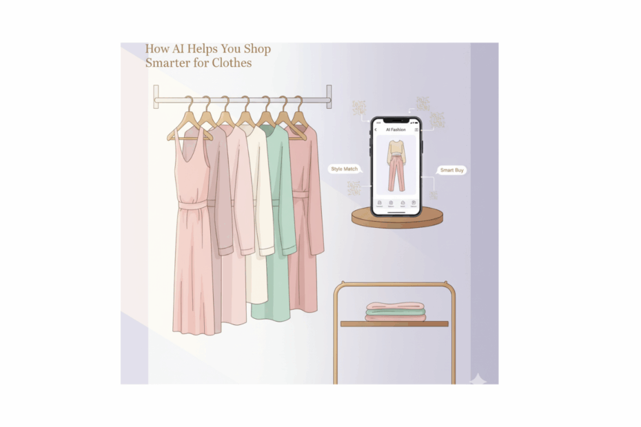 Organised wardrobe with smartphone displaying AI fashion shopping app suggesting outfits.