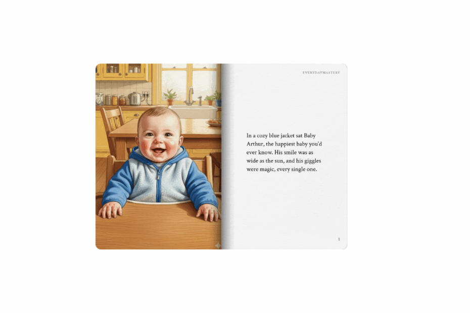 Illustration of a smiling baby in a blue jacket beside a storybook page that reads, ‘In a cozy blue jacket sat Baby Arthur…’ — example of an AI-generated children’s storybook made with Google Gemini