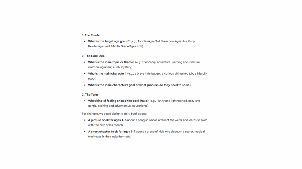 Storybook planning guide showing questions about reader age, theme, character, and tone, used to help design AI AI Storybook Maker with Google Gemini.