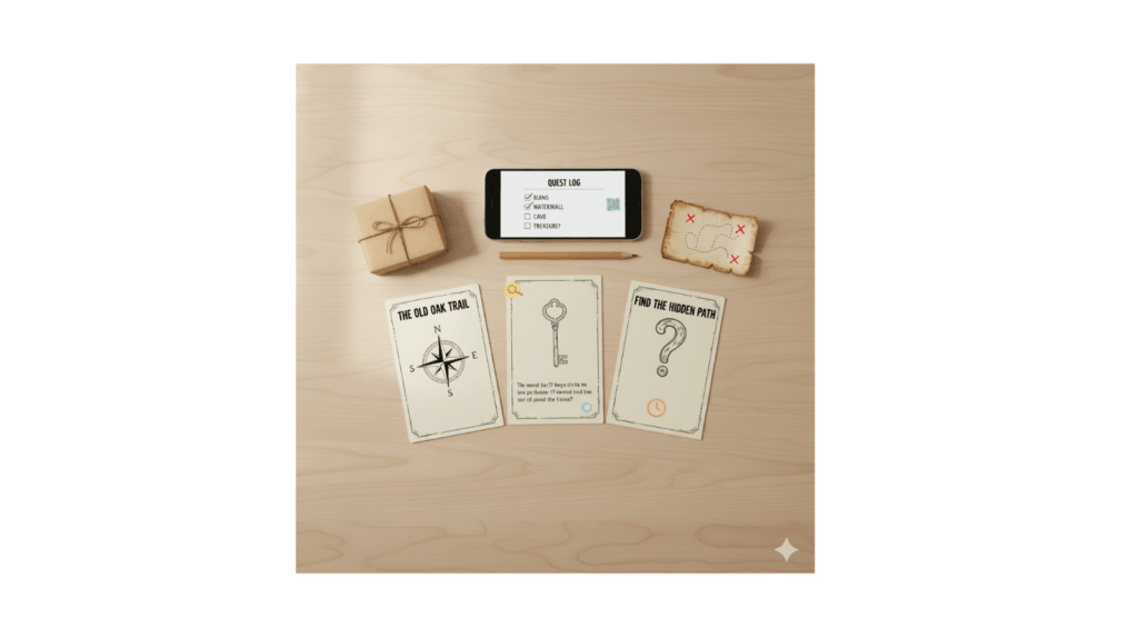 Printed AI-generated clue cards, a phone checklist, and a simple treasure map on a desk for a 15-minute scavenger hunt