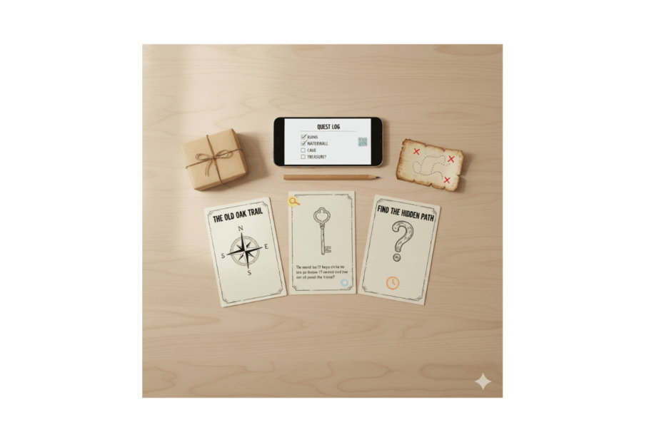 Printed AI-generated clue cards, a phone checklist, and a simple treasure map on a desk for a 15-minute scavenger hunt