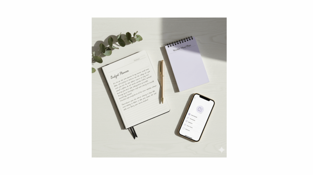 Calm flat-lay with planner, notebook, and smartphone for budgeting and meal planning using AI tools
