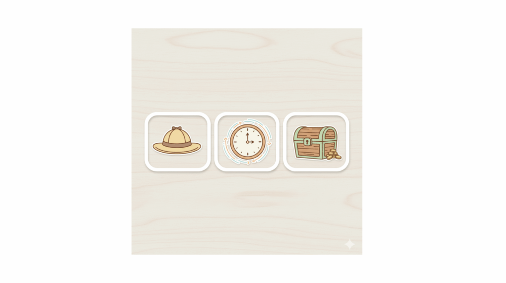 Small storyboard strip: three frames—detective hat, clock/time swirl, treasure chest. Simple, friendly line art, soft colours.