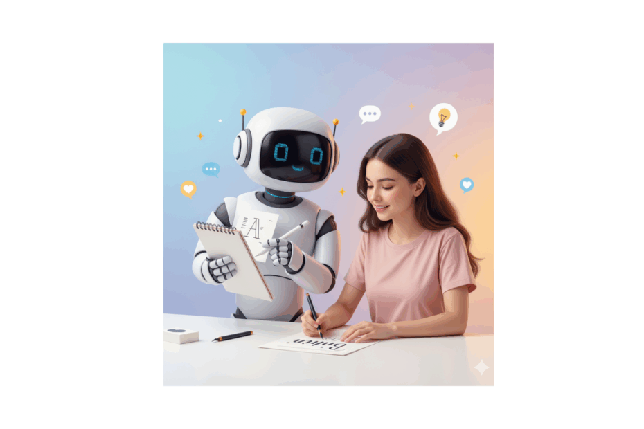 Illustrated robot teaching a young woman at a desk, showing how to learn with AI chatbots through conversation and practice