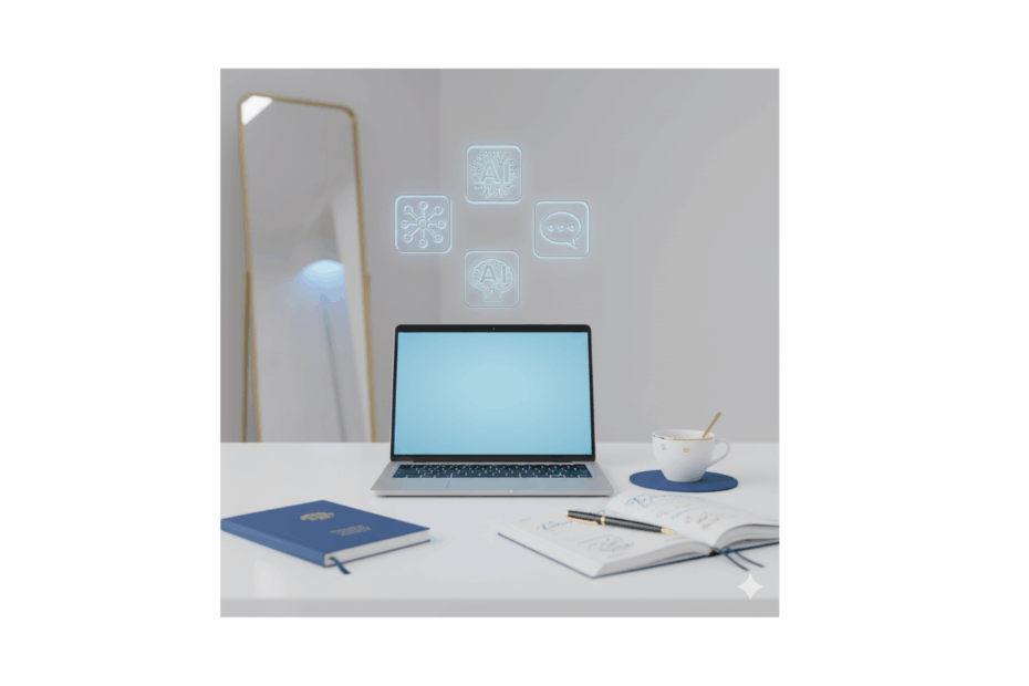Calm minimalist workspace with laptop and glowing icons representing everyday AI hacks for daily life