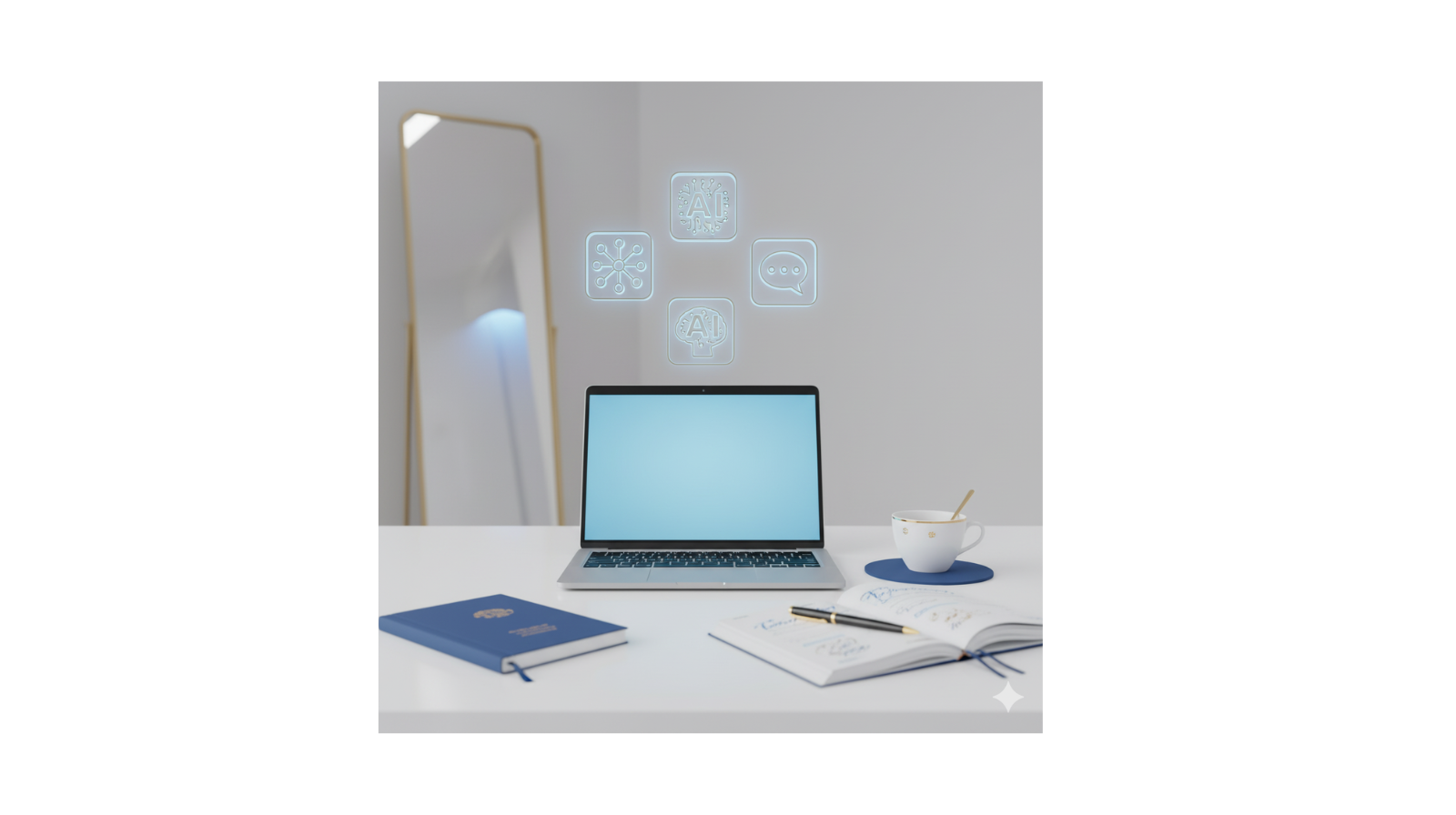 Calm minimalist workspace with laptop and glowing icons representing everyday AI hacks for daily life