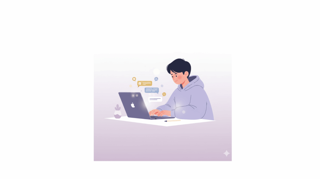 Person learning at a laptop with AI chat bubbles appearing on screen — representing interactive learning without showing a robot - how to learn with ai