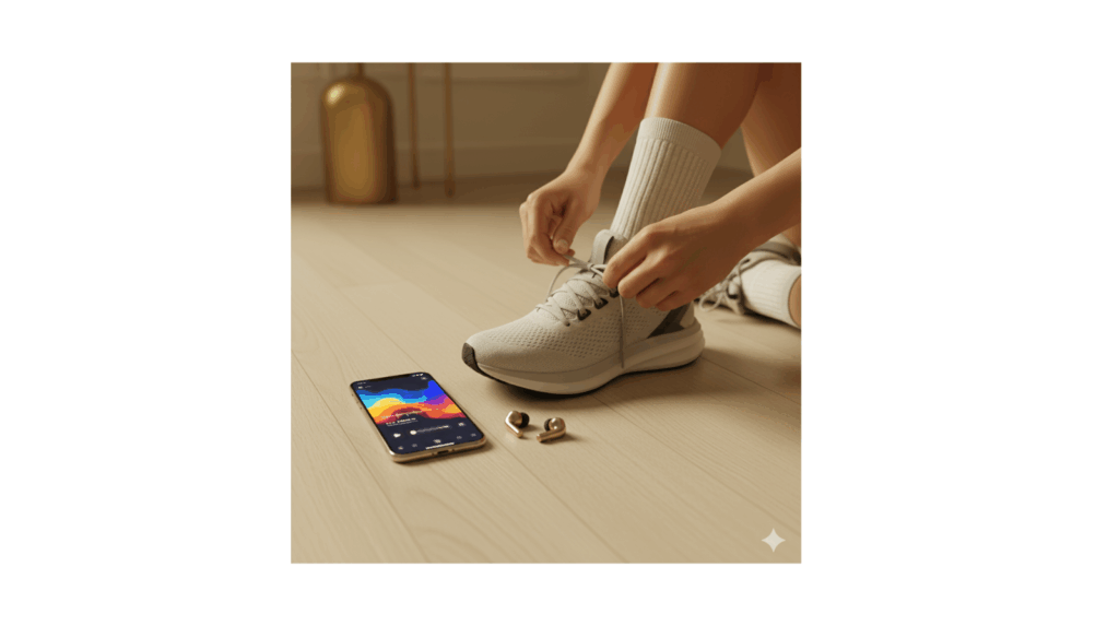 Person using AI to create a personalised workout playlist upbeat example of everyday AI hacks.