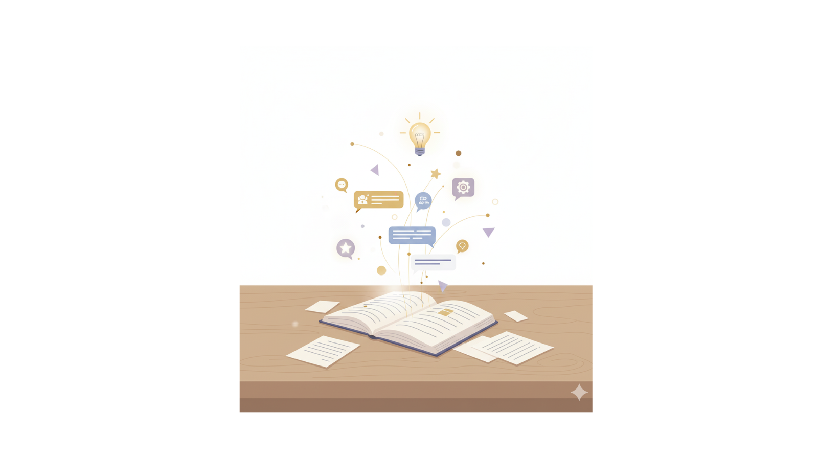 Illustration of books and notes turning into glowing idea icons — symbolising personal growth and learning with AI