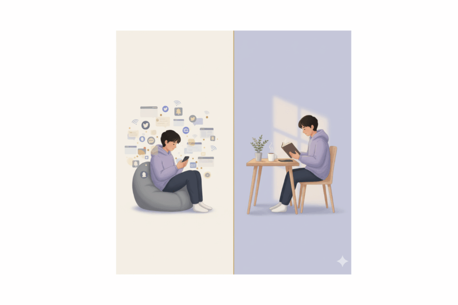 Split illustration showing digital distraction on one side and digital discipline on the other, with person peacefully reading a book.