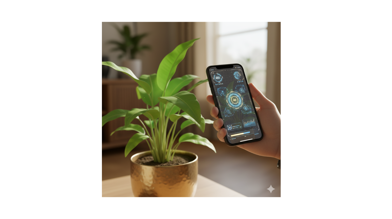 Indoor plant close-up with phone camera scanning a leaf, overlay of AI diagnostic symbols; natural light, green tones with gold accent pot.