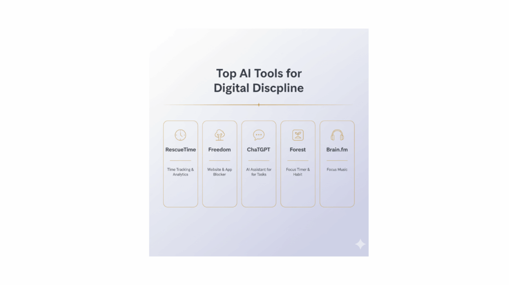 Infographic showing top AI tools for digital discipline, including RescueTime, Freedom, ChatGPT, Forest, and Brain.fm, to support mindful focus and support digital discipline