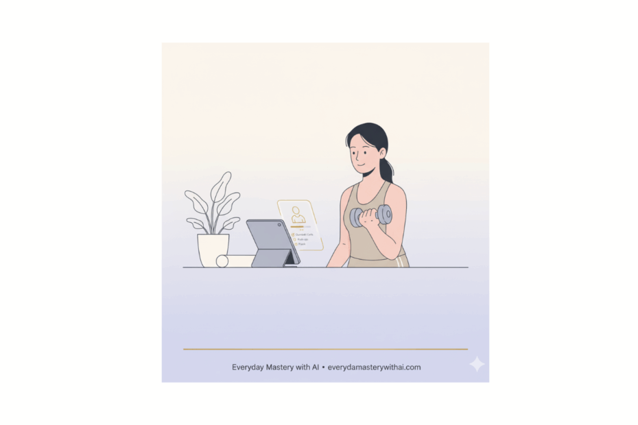 Person following an AI dumbbell workout plan on a tablet during a calm home workout
