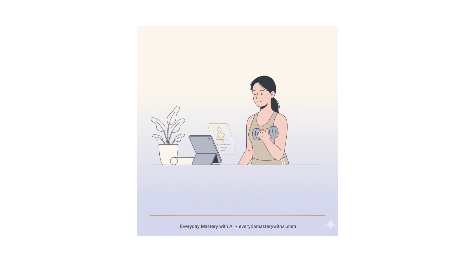 Person following an AI dumbbell workout plan on a tablet during a calm home workout
