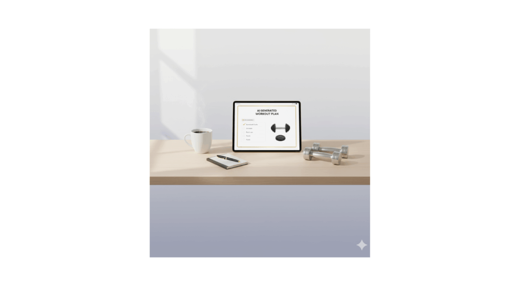 AI fitness plan open on a tablet next to dumbbells and morning coffee, suggests how to use AI to plan a dumbell workout
